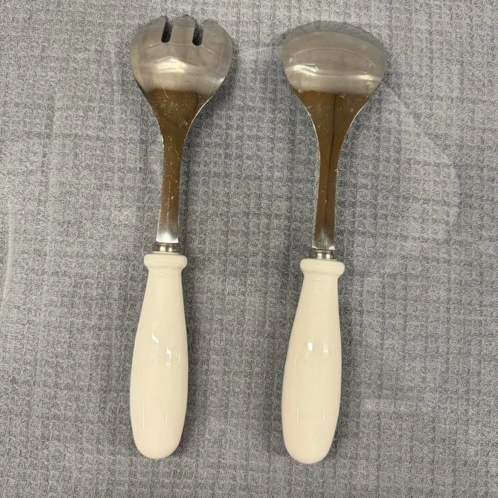 Rae Dunn Toss Serve Salad Serving Utensils White Ceramic Handle Farmhouse